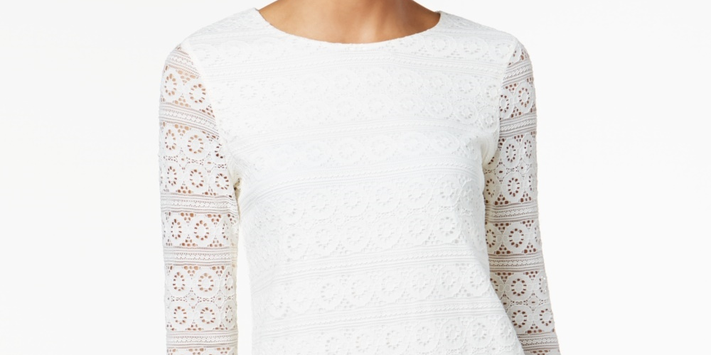 Top de renda feminino Charter Club com manga 3/4, branco, tamanho pequeno