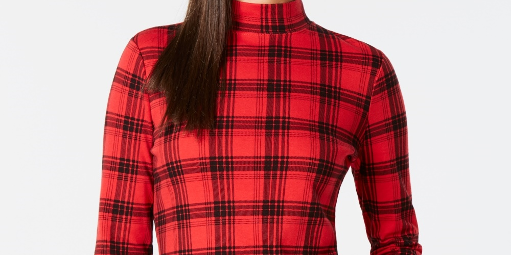 Camiseta feminina xadrez de algodão Charter Club, vermelha, tamanho XS