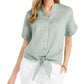 Camisa feminina Charter Club de linho com botões frontais e amarração, verde, tamanho pequeno