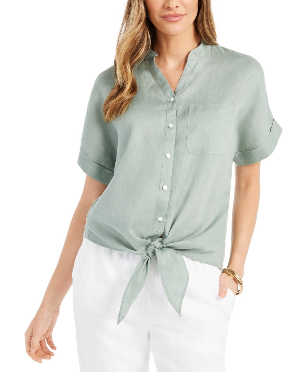 Camisa feminina Charter Club de linho com botões frontais e amarração, verde, tamanho pequeno