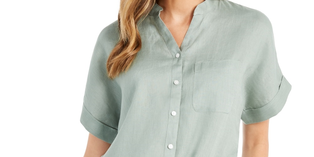Camisa feminina Charter Club de linho com botões frontais e amarração, verde, tamanho pequeno