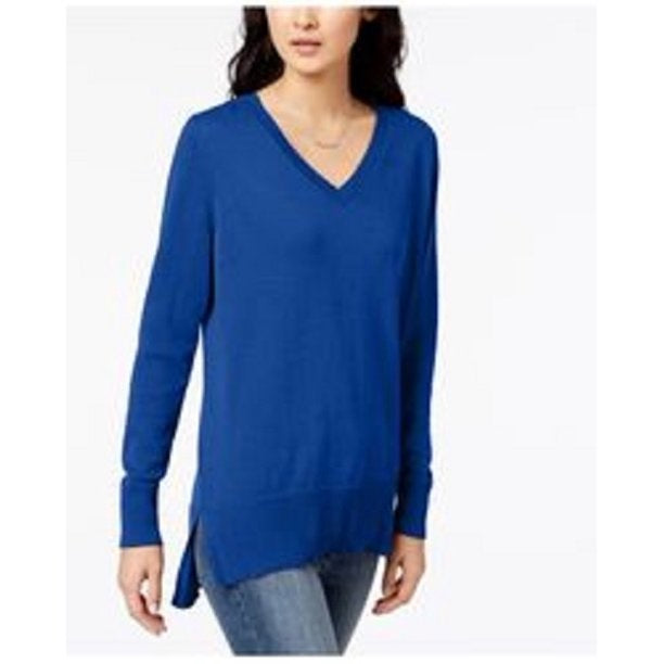 Suéter túnica feminino Maison Jules de algodão com decote em V, azul, tamanho médio