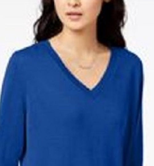 Suéter túnica feminino Maison Jules de algodão com decote em V, azul, tamanho médio