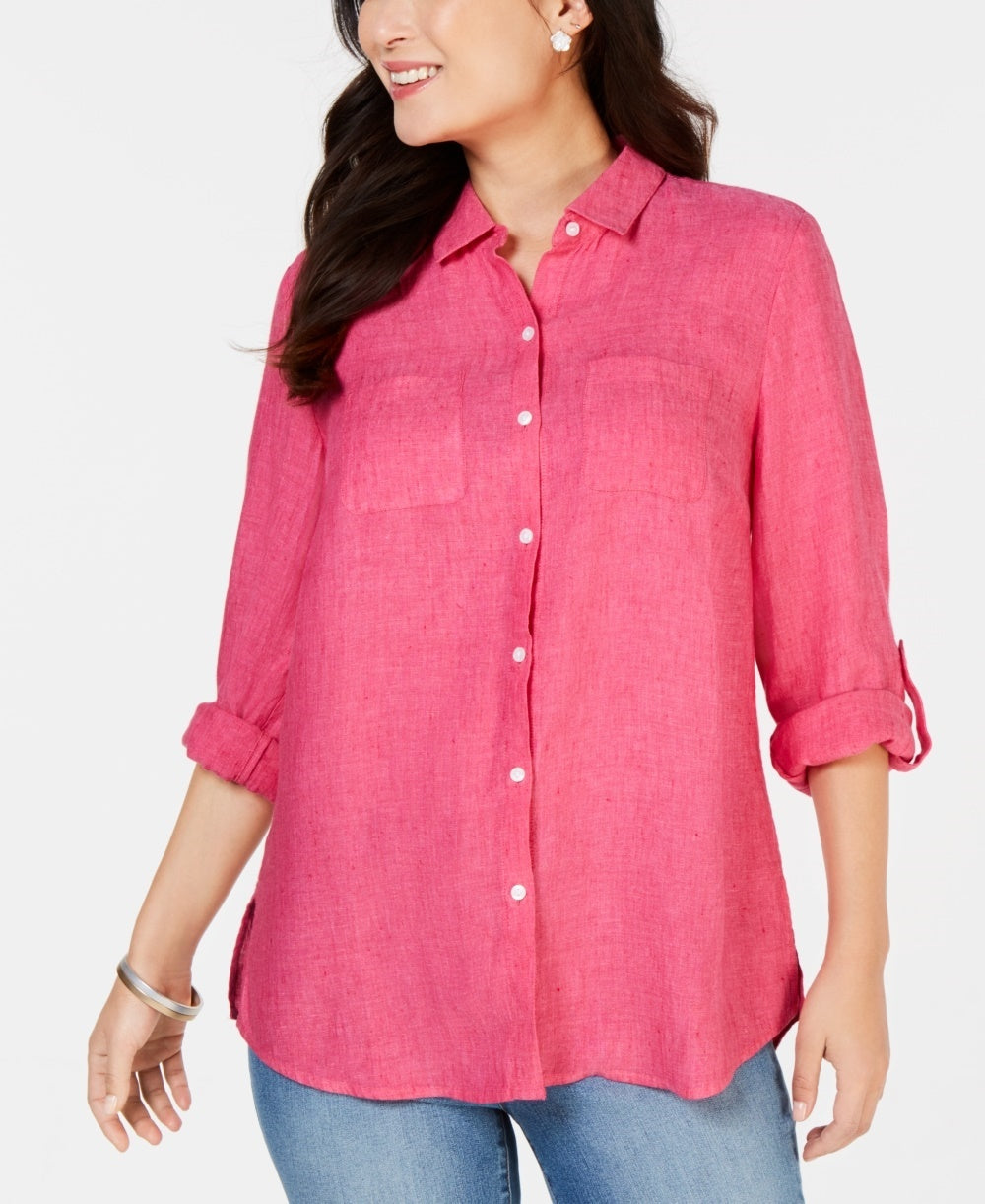 Camisa de linho feminina Charter Club rosa tamanho X-S