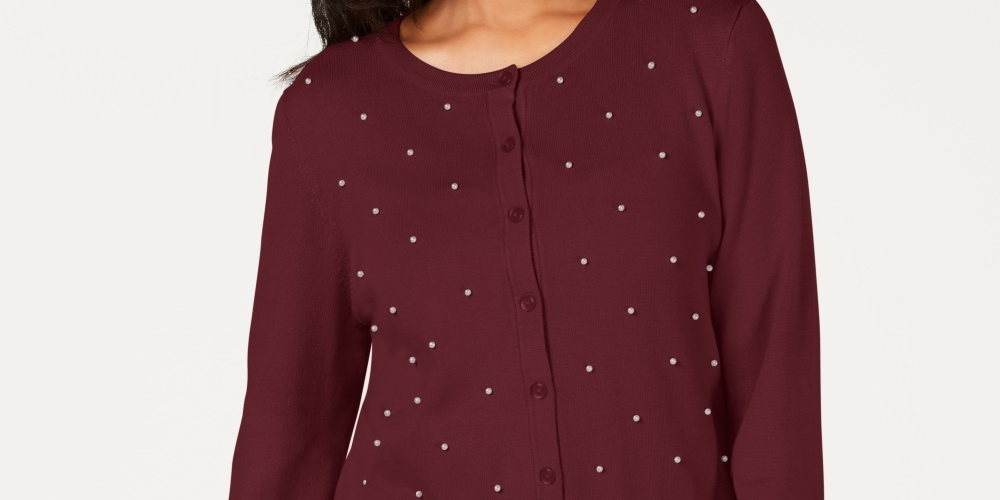 Cardigan feminino com botões e detalhes em pérolas artificiais Charter Club, tamanho vinho, tamanho extrapequeno