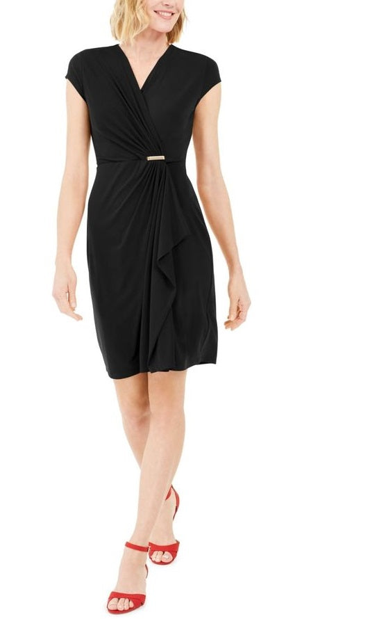 Vestido feminino de malha com manga curta e cruzado, preto, tamanho médio, Charter Club