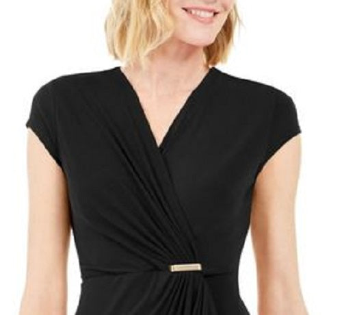 Vestido feminino de malha com manga curta e cruzado, preto, tamanho médio, Charter Club