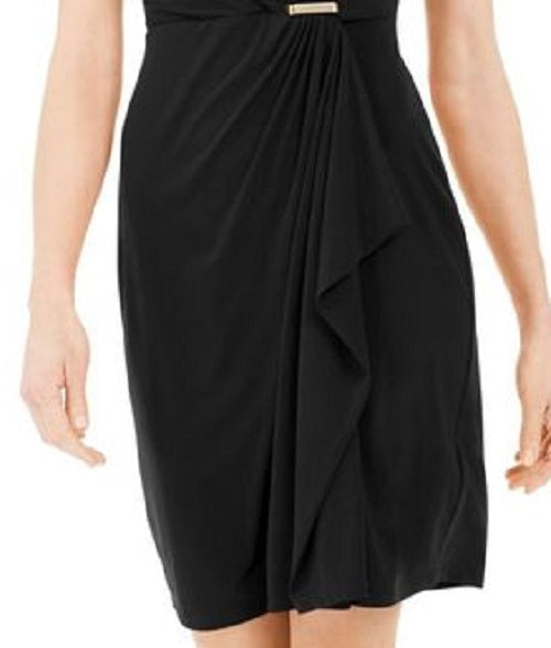 Vestido feminino de malha com manga curta e cruzado, preto, tamanho médio, Charter Club