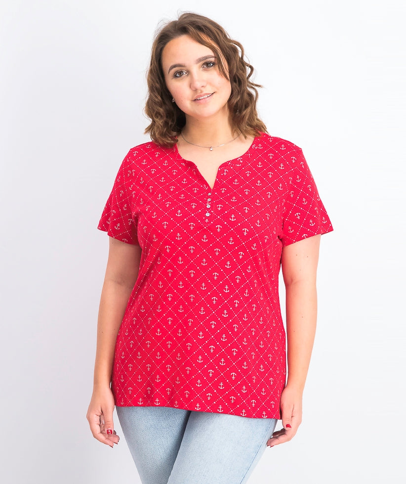 Karen Scott Anchor Geo Henley Top Feminino Vermelho Brilhante Tamanho P