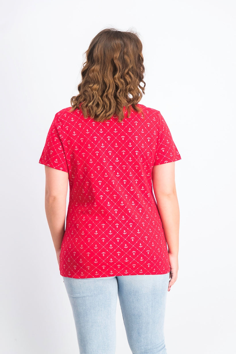 Karen Scott Anchor Geo Henley Top Feminino Vermelho Brilhante Tamanho P