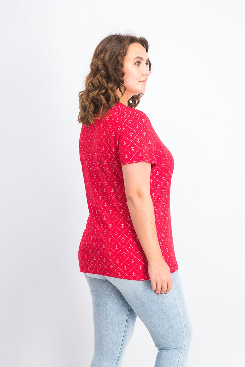 Karen Scott Anchor Geo Henley Top Feminino Vermelho Brilhante Tamanho P