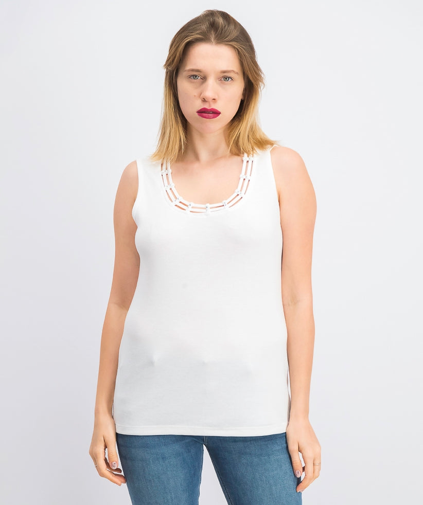 Karen Scott Top Feminino com Acabamento em Tachas e Gola Escada, Branco, Tamanho Médio