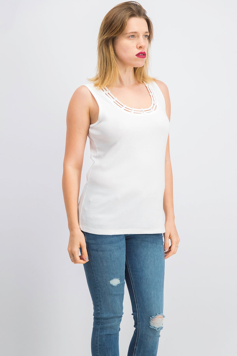 Karen Scott Top Feminino com Acabamento em Tachas e Gola Escada, Branco, Tamanho P