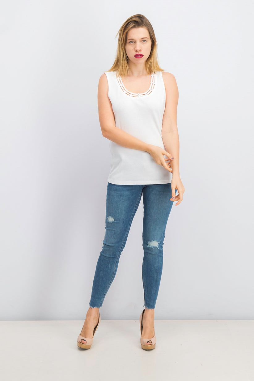 Karen Scott Top Feminino com Acabamento em Tachas e Gola Escada, Branco, Tamanho P