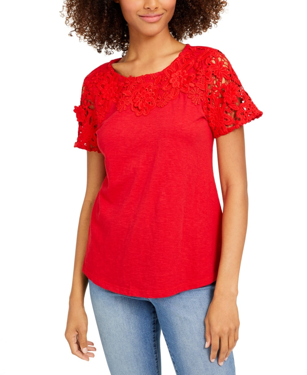 Camiseta feminina Charter Club de algodão com renda e detalhes em vermelho, tamanho médio