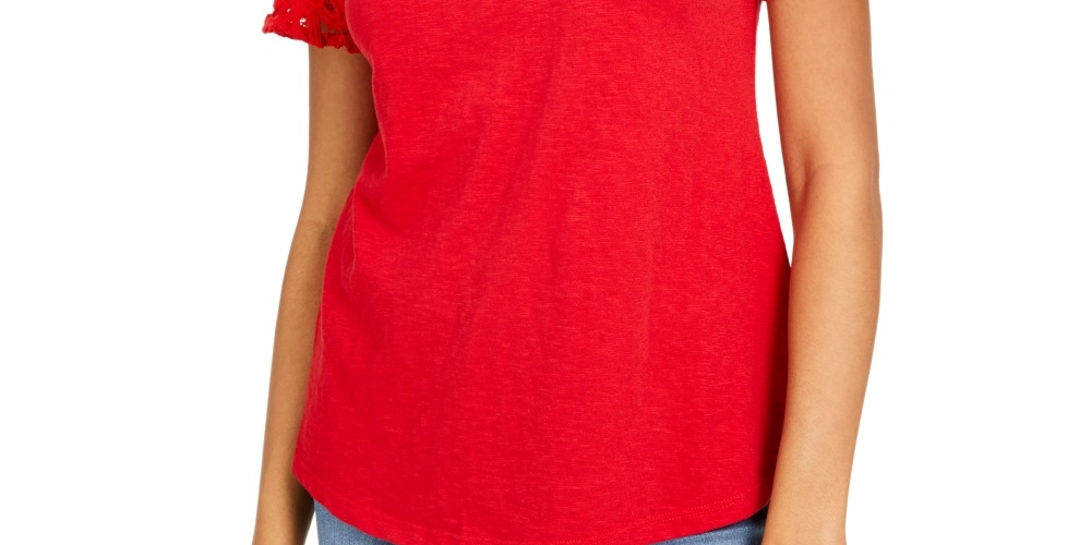 Camiseta feminina Charter Club de algodão com renda e detalhes em vermelho, tamanho médio