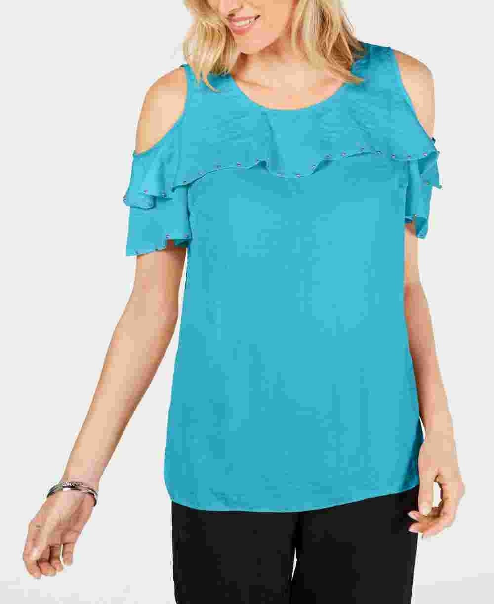 JM Collection Blusa feminina com babados e ombros de fora, azul, tamanho extragrande