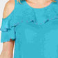 JM Collection Blusa feminina com babados e ombros de fora, azul, tamanho extragrande