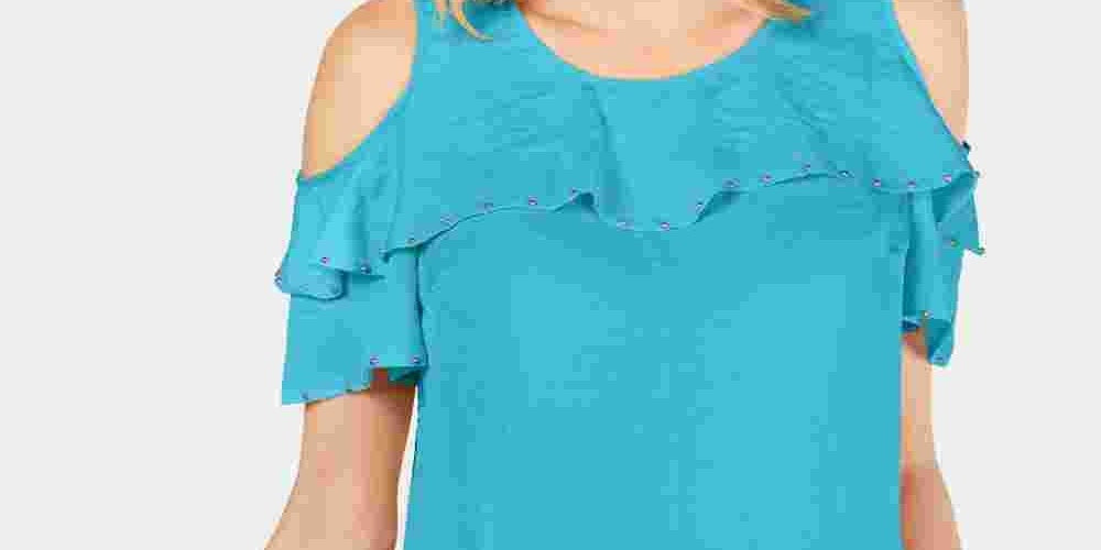 JM Collection Blusa feminina com babados e ombros de fora, azul, tamanho extragrande