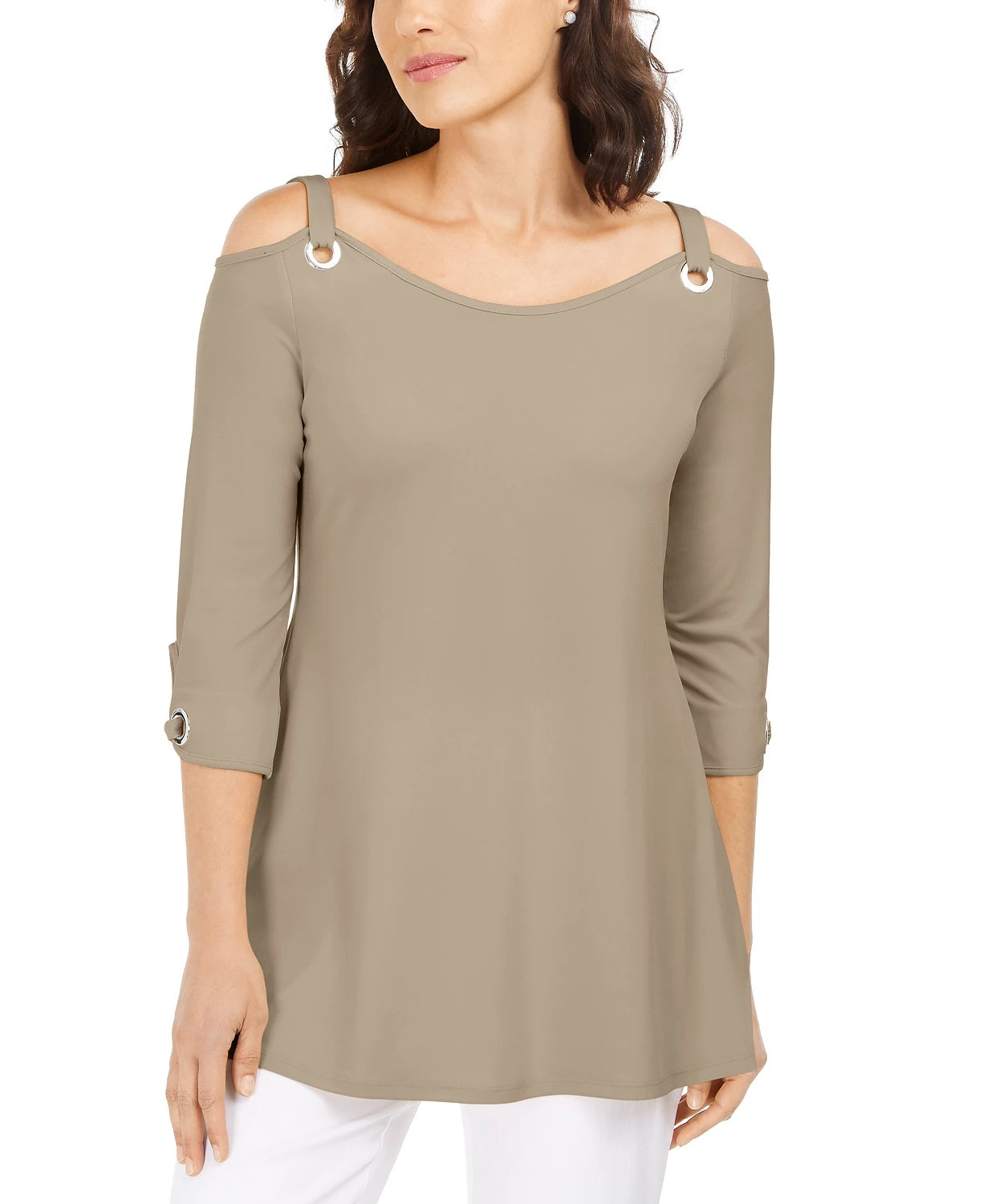 Túnica feminina JM Collection com ilhós e ombros descobertos, bege-cáqui, tamanho pequeno