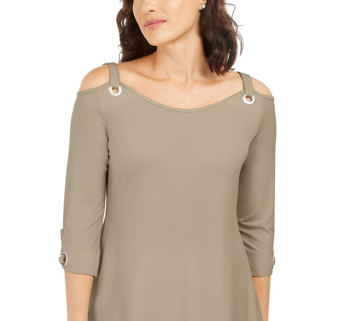 Túnica feminina JM Collection com ilhós e ombros descobertos, bege-cáqui, tamanho pequeno