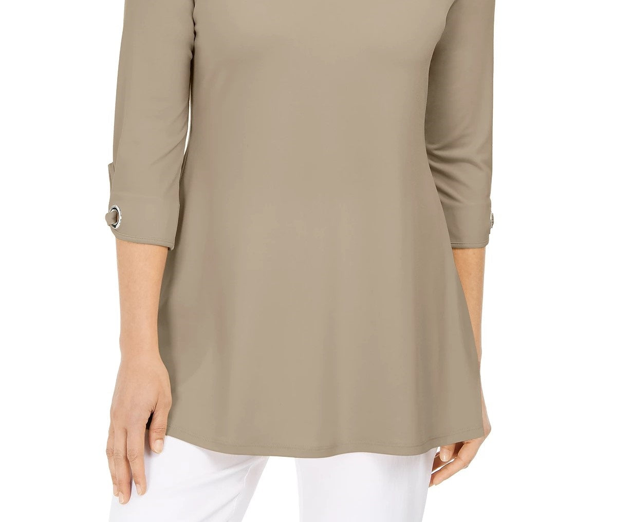 Túnica feminina JM Collection com ilhós e ombros descobertos, bege-cáqui, tamanho pequeno
