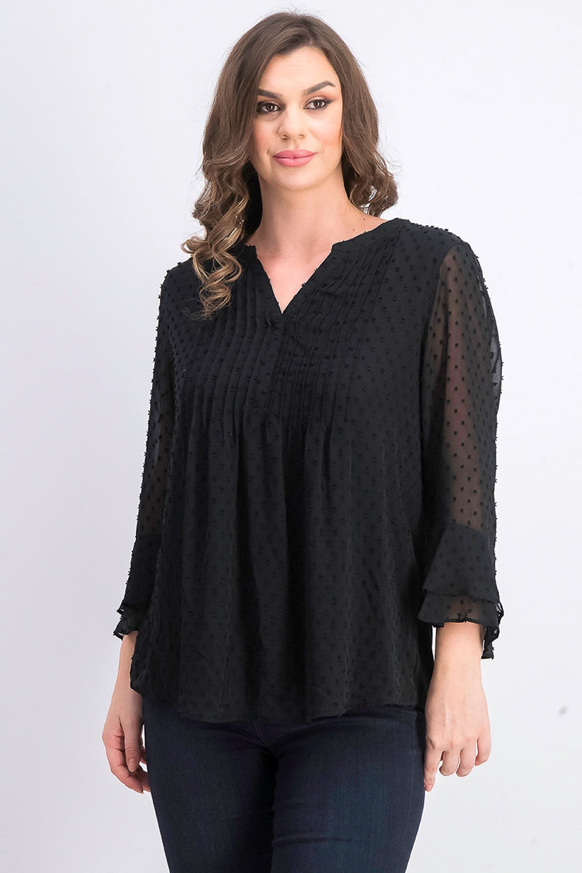 Charter Club Top feminino texturizado com babados duplos e pregas, preto, tamanho extragrande