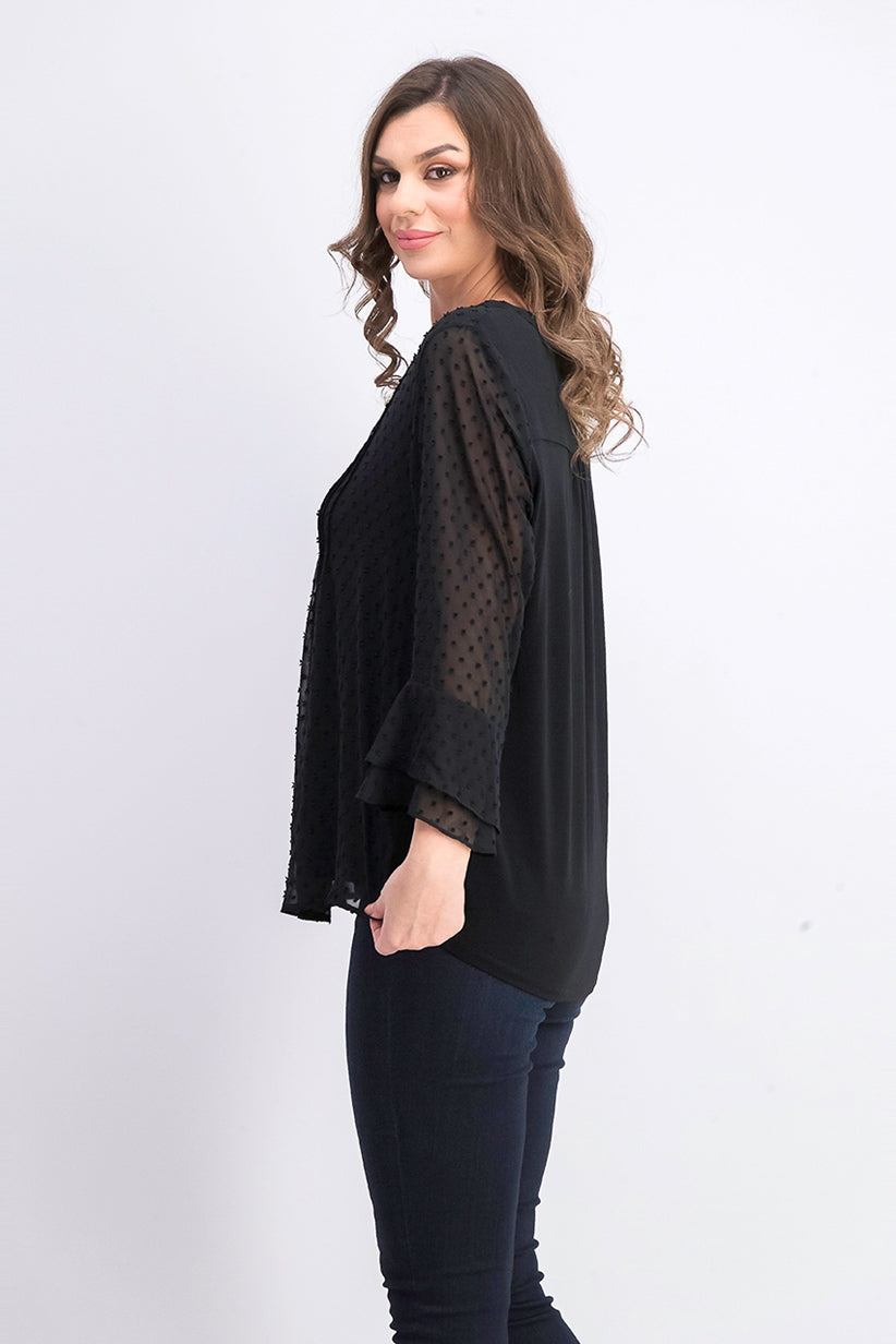 Charter Club Top feminino texturizado com babados duplos e pregas, preto, tamanho extragrande