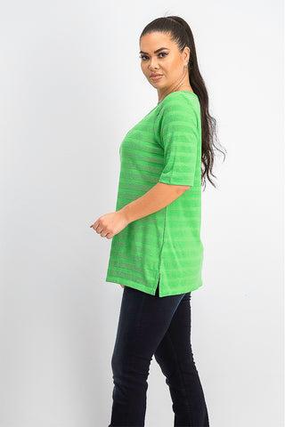 Charter Club Women's Cotton Texture-Striped Elbow-Sleeve Top Green Size Large