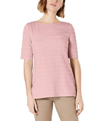 Charter Club Women's Cotton Texture-Striped Elbow-Sleeve Top Dark Pink Size Extra Large