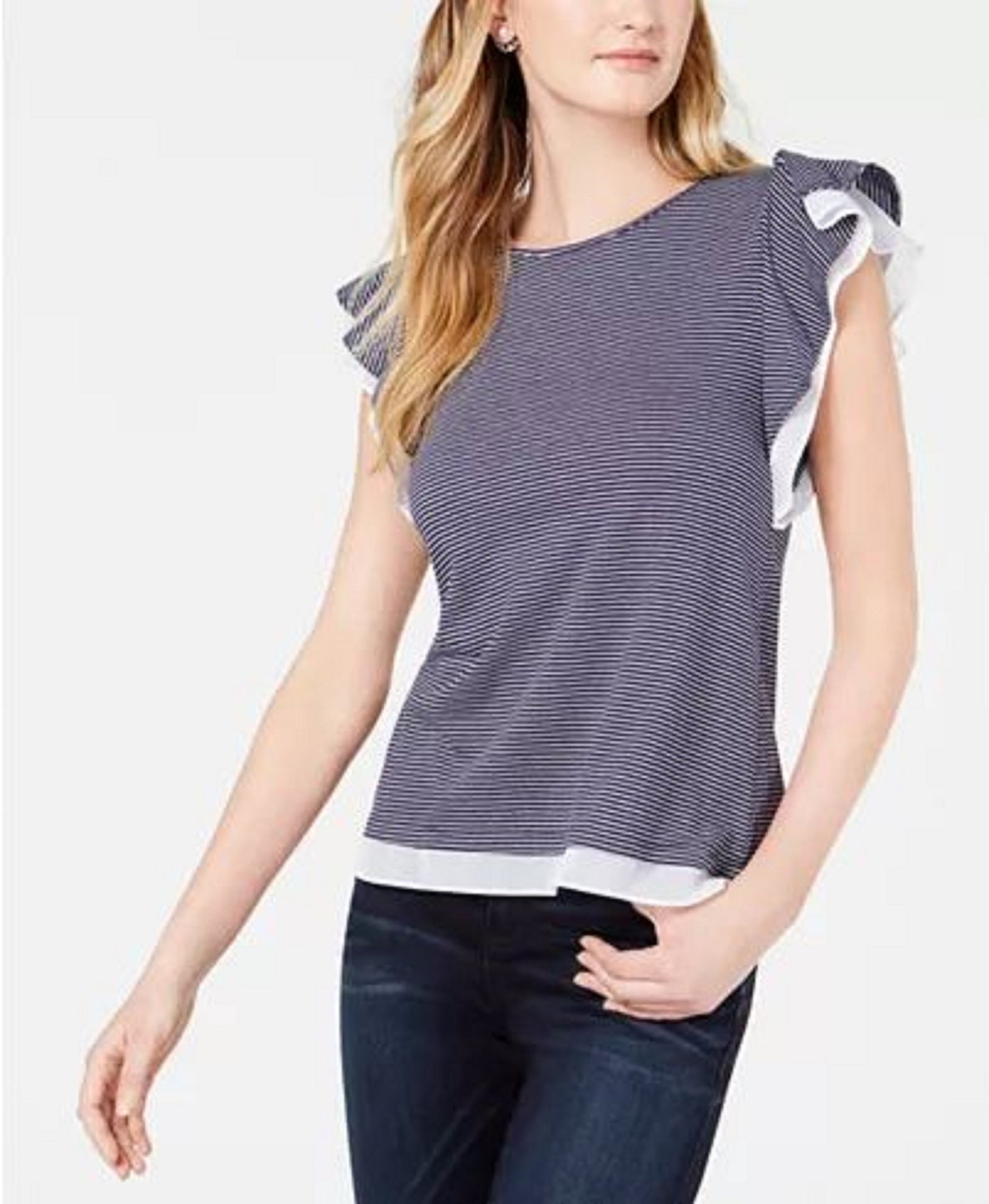 Blusa feminina Maison Jules com acabamento em malha e mangas com babados, azul-marinho, tamanho extra pequeno