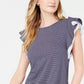 Blusa feminina Maison Jules com acabamento em malha e mangas com babados, azul-marinho, tamanho extra pequeno