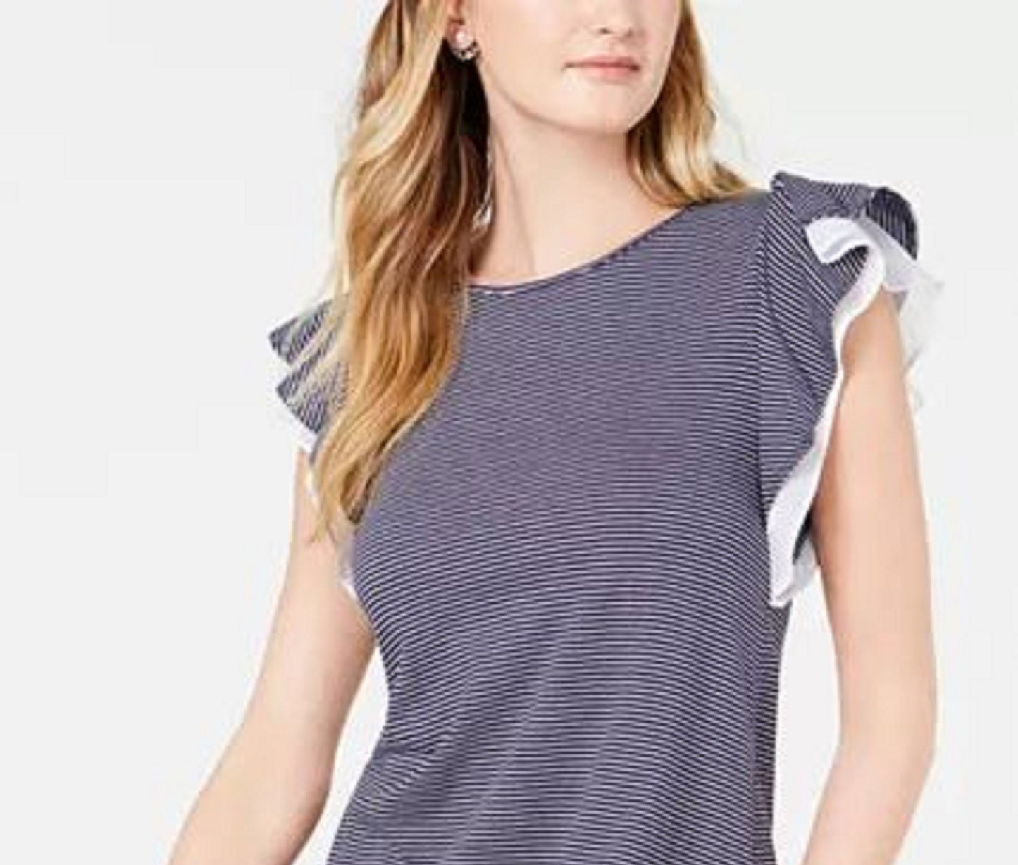 Blusa feminina Maison Jules com acabamento em malha e mangas com babados, azul-marinho, tamanho extra pequeno