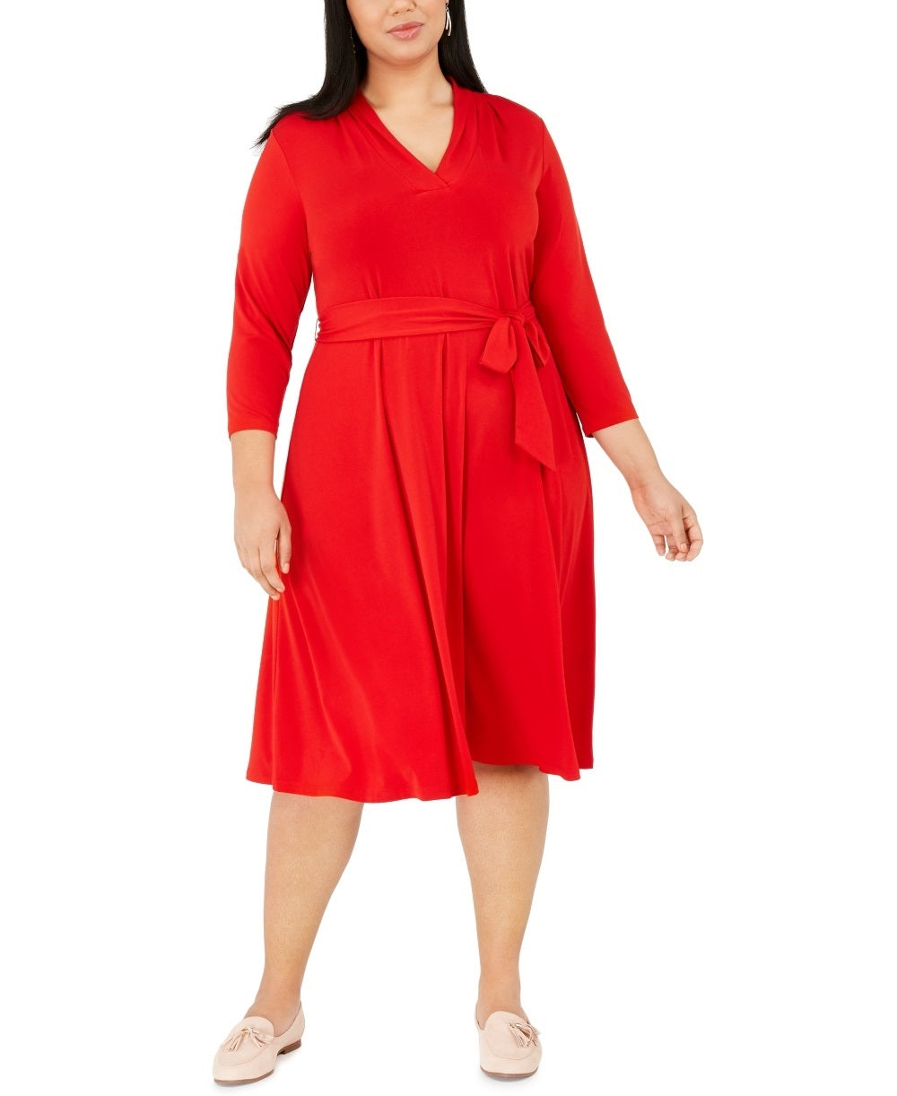 Vestido feminino com decote em V e cinto, tamanho 4X, vermelho, Charter Club