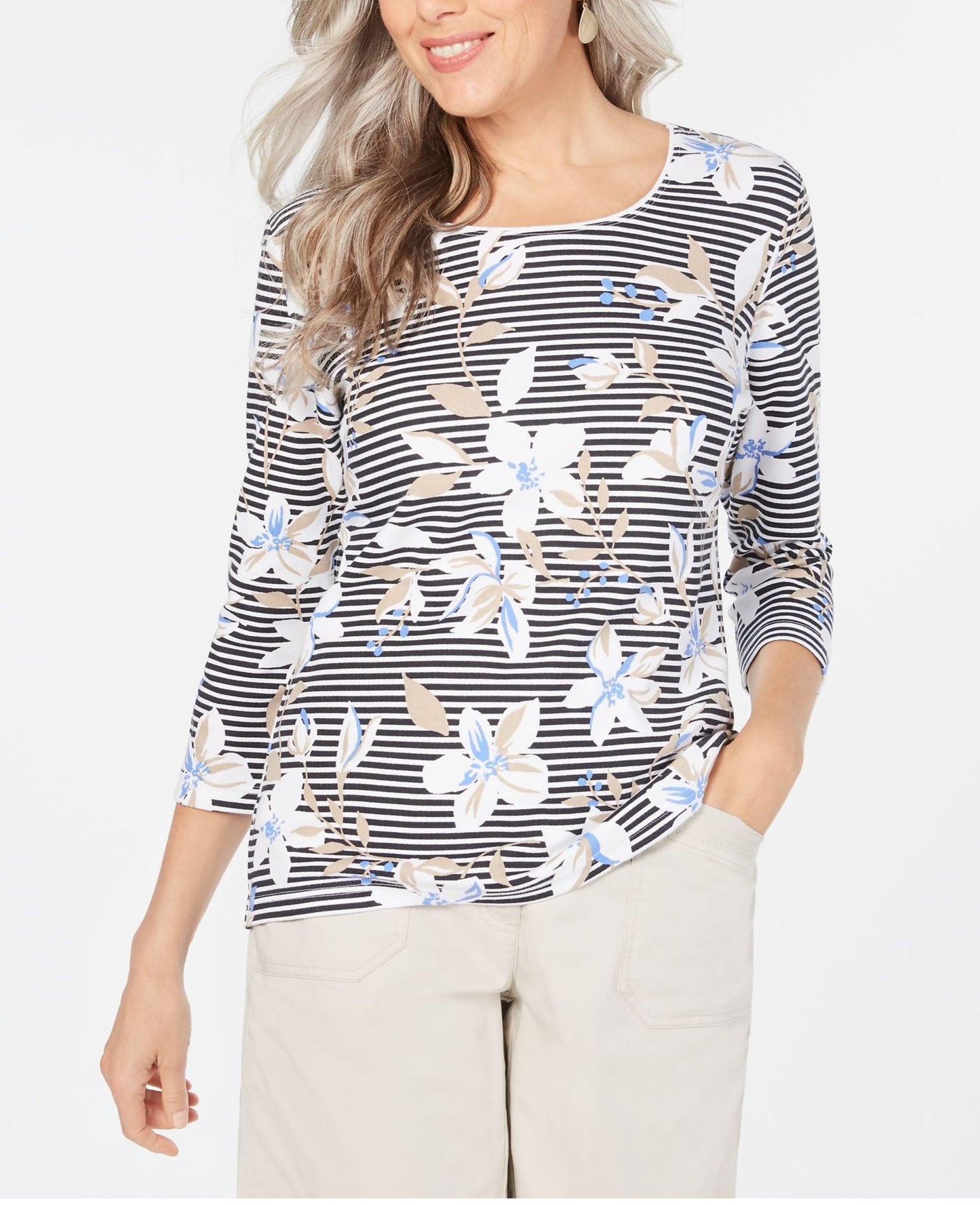 Blusa feminina estampada Karen Scott com manga 3/4, preta, tamanho pequeno