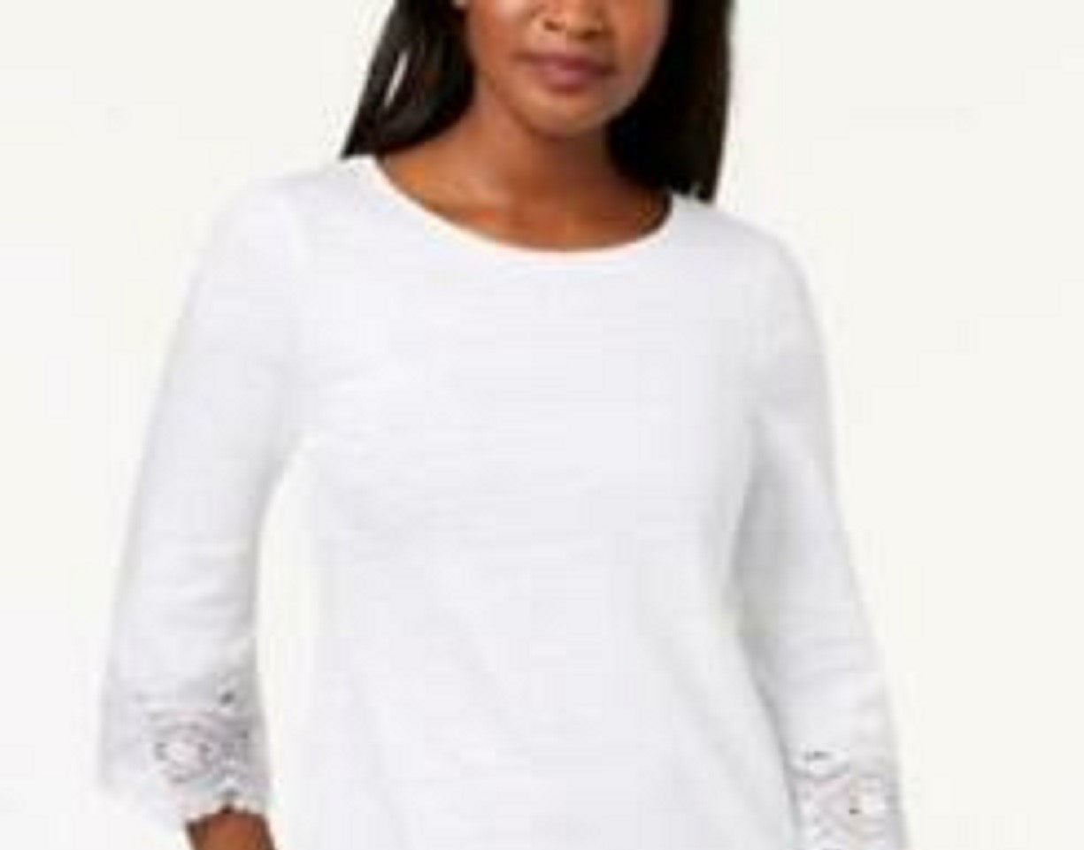 Top feminino Charter Club de algodão com acabamento em renda, branco, tamanho pequeno