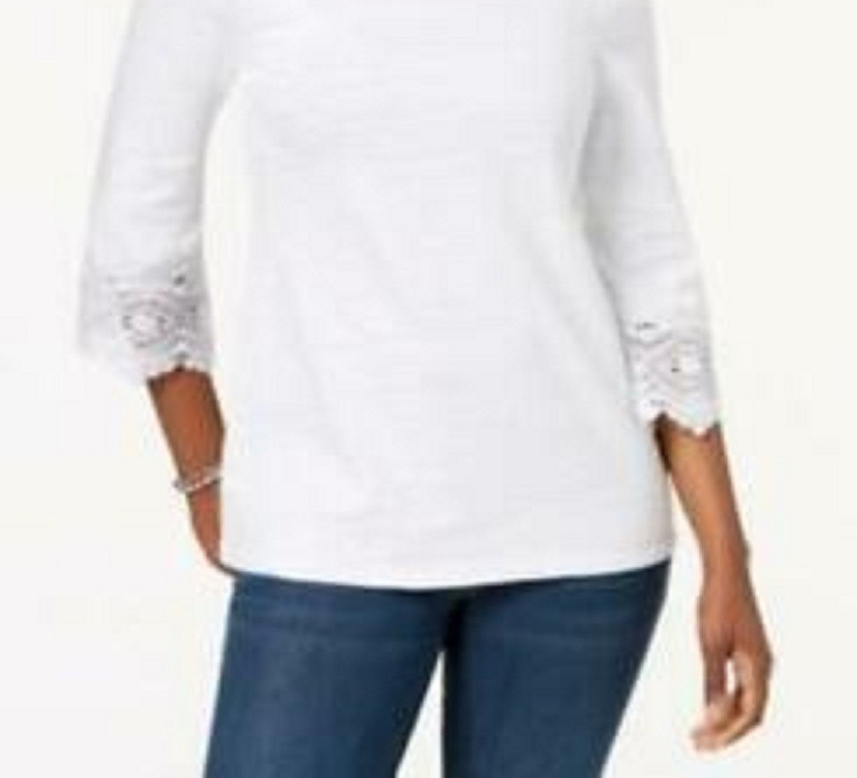 Top feminino Charter Club de algodão com acabamento em renda, branco, tamanho pequeno