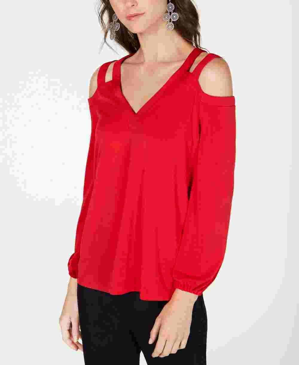 Blusa feminina com recorte e ombro vazado, INC International Concepts, vermelha, tamanho pequeno