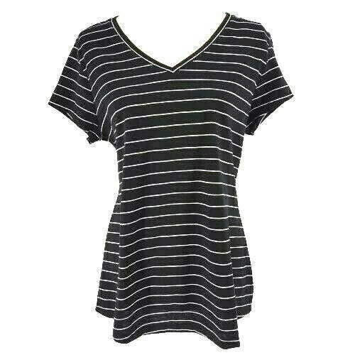 Blusa listrada com decote em V feminina Maison Jules, preta, tamanho extragrande