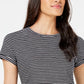 Camiseta feminina listrada Maison Jules com gola redonda, preta, tamanho XS