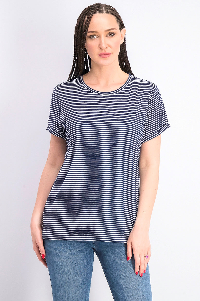 Camiseta feminina listrada Maison Jules com gola redonda, azul-marinho, tamanho XS
