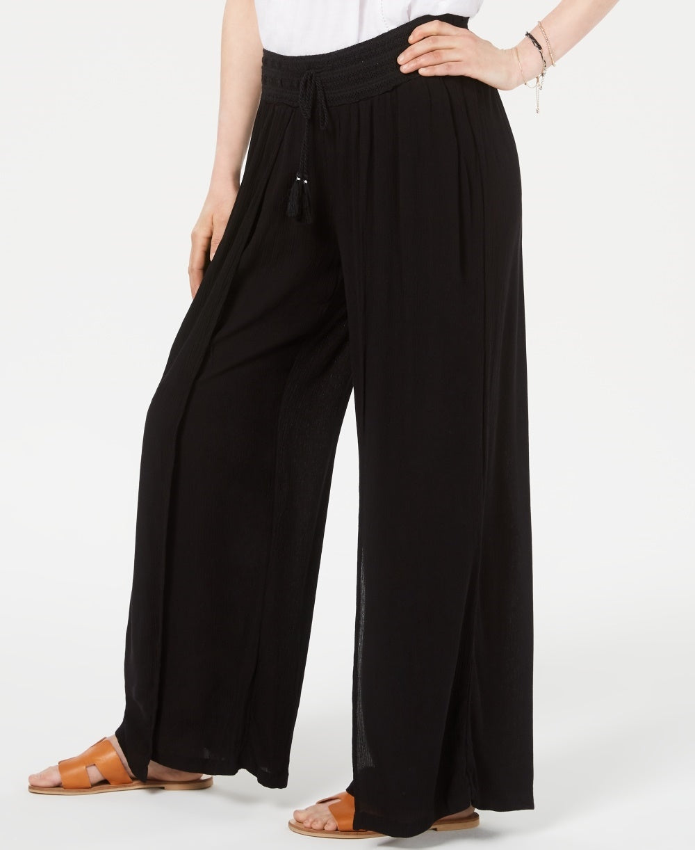 Calça feminina texturizada com amarração na cintura e pernas largas, preta, tamanho grande