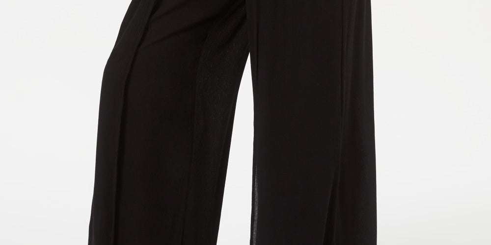 Calça feminina texturizada com amarração na cintura e pernas largas, preta, tamanho grande