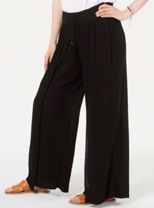 Calça feminina texturizada com amarração na cintura e pernas largas, preta, tamanho extragrande, estilo &amp; co
