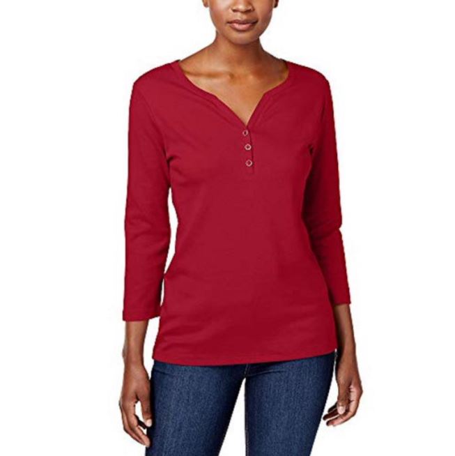 Karen Scott Top Henley de Algodão Feminino Vermelho Tamanho Médio