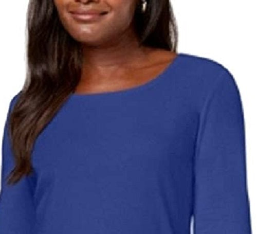Karen Scott Blusa feminina de algodão com decote redondo, azul, tamanho pequeno e pequeno