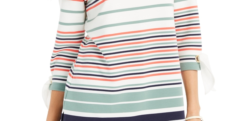 Blusa feminina listrada com manga amarrada, tamanho médio, verde, Charter Club
