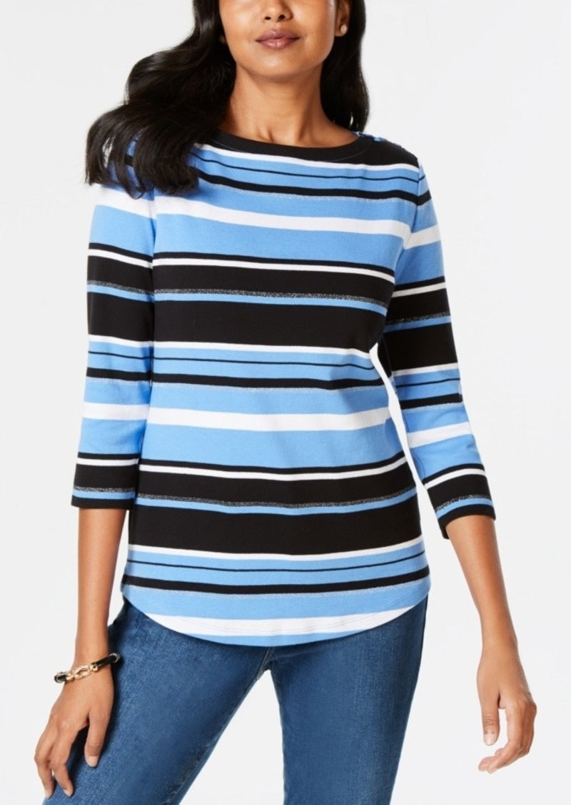 Charter Club Blusa feminina de algodão Pima com botões e listras, azul, tamanho pequeno