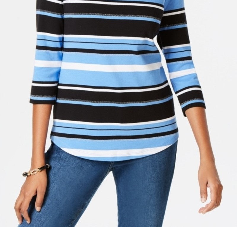 Charter Club Blusa feminina de algodão Pima com botões e listras, azul, tamanho pequeno