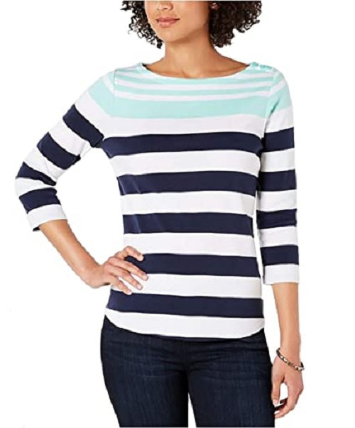 Charter Club Blusa feminina de algodão Pima com botões e listras, azul, tamanho X-G